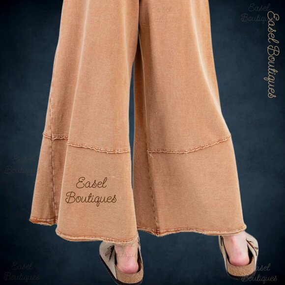 EASEL “Flower Power” Mineral Washed Pants Wide Leg Cozy Relax Fit Raw Seams Hems - Picture 7 of 14
